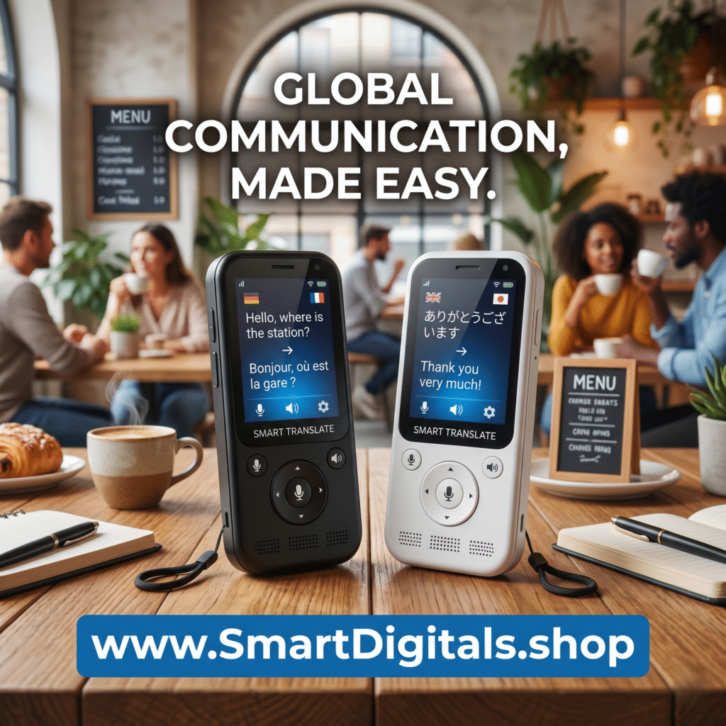 Create a sqaure size image of Smart AI Translator Devices, include the website www.SmartDigitals.shop