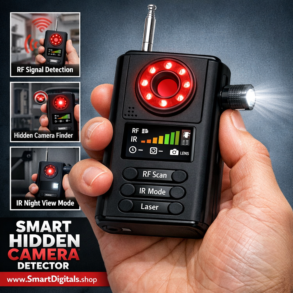 Create a sqaure size image of Smart Hidden Camera Detector, include the website www.SmartDigitals.shop 